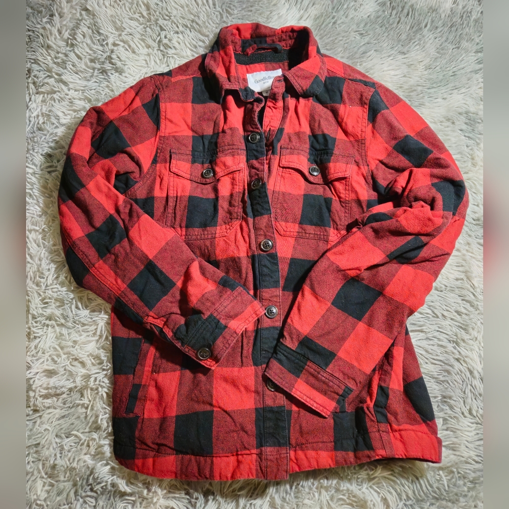 Goodfellow & Co Mens Medium Red Black Plaid Fleece Jacket